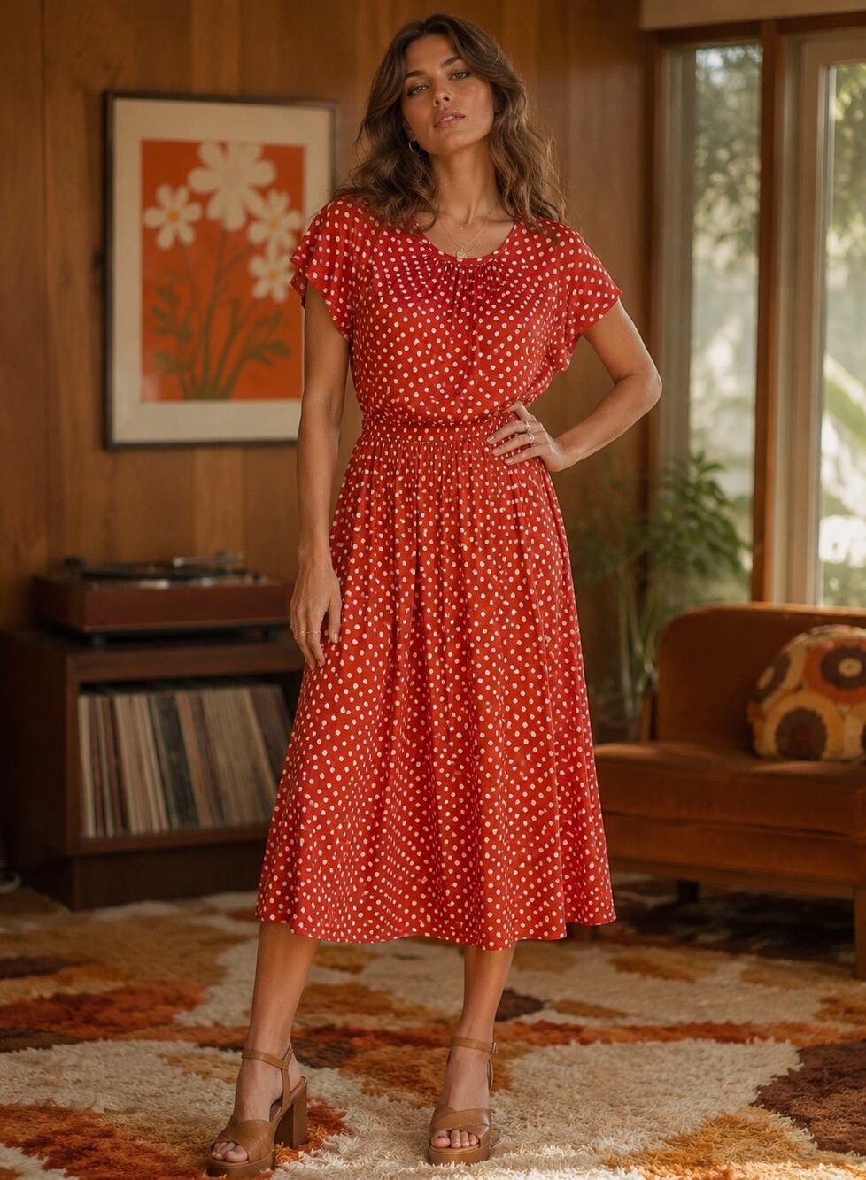 Stine Goya Caitlin Polka Dot Midi Dress Vintage 70s Retro Flutter Sleeve Size XS